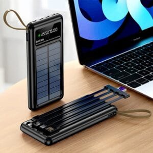 פאוור בנק סוללת גיבוי 10,000mAh משולב עם טעינה סולארית הכולל 4 כבלים נשלפים 2 פנסי לד וצג דיגיטלי